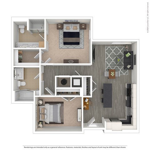 Floor plan for 1 bed, 2 baths, 953 sqft